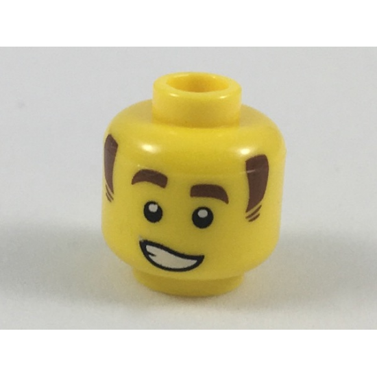 Minifigure, Head Reddish Brown Eyebrows and Sideburns, Lopsided Grin with Teeth Pattern