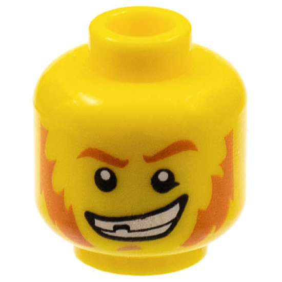 Minifigure, Head Dark Orange Eyebrows and Mutton Chops, Medium Nougat Chin Dimple, Lopsided Open Mouth Smile with Teeth and Chipped Tooth Pattern