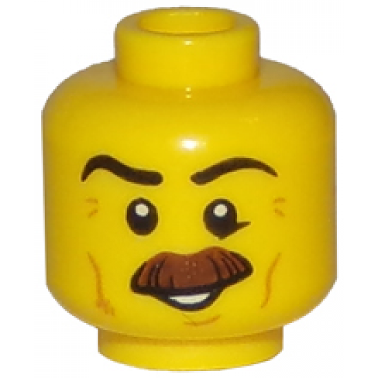 Minifigure, Head Moustache Brown Bushy, Black Eyebrows, Cheek Lines, Smile, White Pupils Pattern