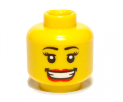Minifigure, Head Female with Black Eyebrows, Eyelashes, Red Lips, Wide Open Mouth Smile with Teeth and Dimples Pattern
