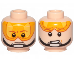 Minifigure, Head Dual Sided Orange Visor, Brown Eyebrows, Chin Strap, Smile, Visor Down / Visor Up Pattern (SW Luke Skywalker)
