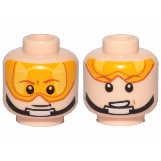 Minifigure, Head Dual Sided Orange Visor, Brown Eyebrows, Chin Strap, Smile, Visor Down / Visor Up Pattern (SW Luke Skywalker)