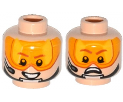 Minifigure, Head Dual Sided Orange Visor, Brown Eyebrows, Chin Strap, Headset, Smile / Scared Pattern