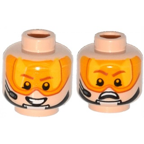 Minifigure, Head Dual Sided Orange Visor, Brown Eyebrows, Chin Strap, Headset, Smile / Scared Pattern