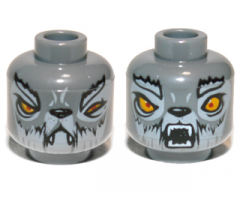 Minifigure, Head Dual Sided Alien Wolf with Light Bluish Gray Eyebrows and Fur, Bright Light Orange Eyes, Black Nose, Neutral with Fangs / Open Mouth with Teeth Parted Pattern