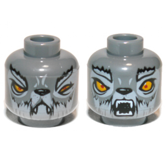 Minifigure, Head Dual Sided Alien Wolf with Light Bluish Gray Eyebrows and Fur, Bright Light Orange Eyes, Black Nose, Neutral with Fangs / Open Mouth with Teeth Parted Pattern