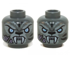 Minifigure, Head Dual Sided Alien Chima Tiger White Fangs, Black Stripes and Bright Light Blue Eyes, Neutral / Angry Pattern (Stealthor)