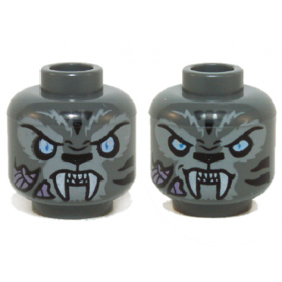 Minifigure, Head Dual Sided Alien Chima Tiger White Fangs, Black Stripes and Bright Light Blue Eyes, Neutral / Angry Pattern (Stealthor)