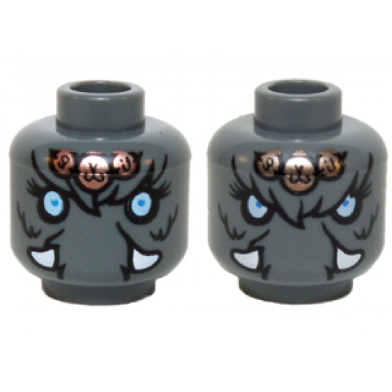 Minifigure, Head Dual Sided Alien Chima Mammoth Bright Light Blue Eyes, Copper Pendants, White Tusks, Neutral / Angry Pattern (Maula)