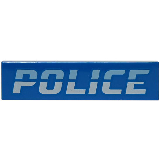 Tile 1 x 4 with Bright Light Blue and White 'POLICE' Pattern