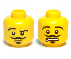 Minifigure, Head Dual Sided Moustache, Goatee, Raised Eyebrow, Smirk / Open Mouth Scared Pattern