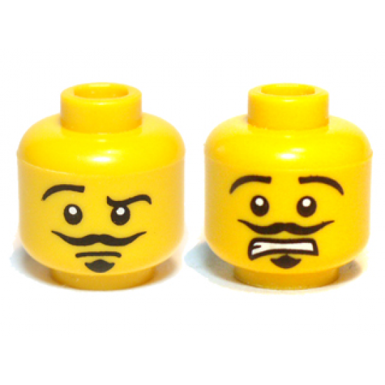 Minifigure, Head Dual Sided Moustache, Goatee, Raised Eyebrow, Smirk / Open Mouth Scared Pattern