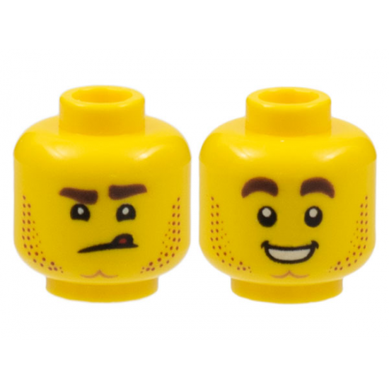 Minifigure, Head Dual Sided Stubble, Dimpled Chin, Angry Scowl with Tongue / Smile with Teeth Pattern