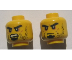 Minifigure, Head Dual Sided Beard Stubble, Black Goatee, Bushy Eyebrows, Grim Mouth with Teeth / Closed Mouth Pattern
