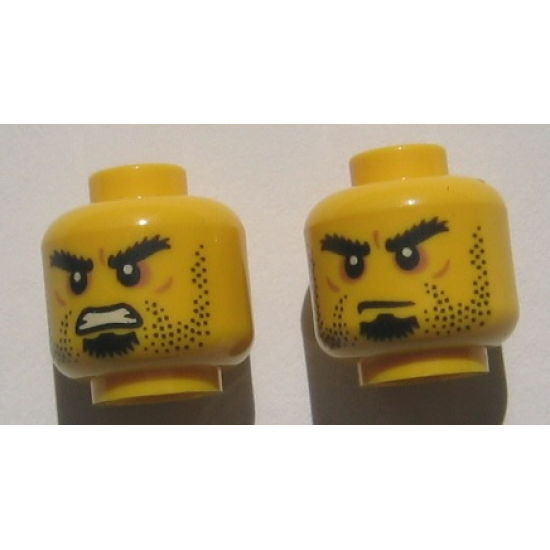 Minifigure, Head Dual Sided Beard Stubble, Black Goatee, Bushy Eyebrows, Grim Mouth with Teeth / Closed Mouth Pattern