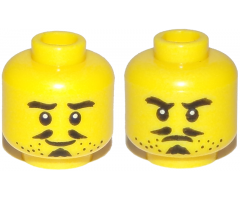 Minifigure, Head Dual Sided Beard Stubble, Thick Eyebrows, Pencil Moustache, Soul Patch, Smile / Frown Pattern