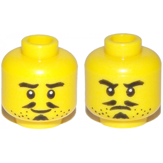 Minifigure, Head Dual Sided Beard Stubble, Thick Eyebrows, Pencil Moustache, Soul Patch, Smile / Frown Pattern