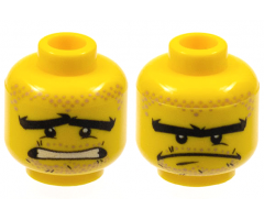 Minifigure, Head Dual Sided Black Thick Unibrow, Lower Eyelids and Scratches, Nougat Hair, Moustache and Goatee Stubble, Scared Wide Open Mouth with Teeth / Stern Pattern