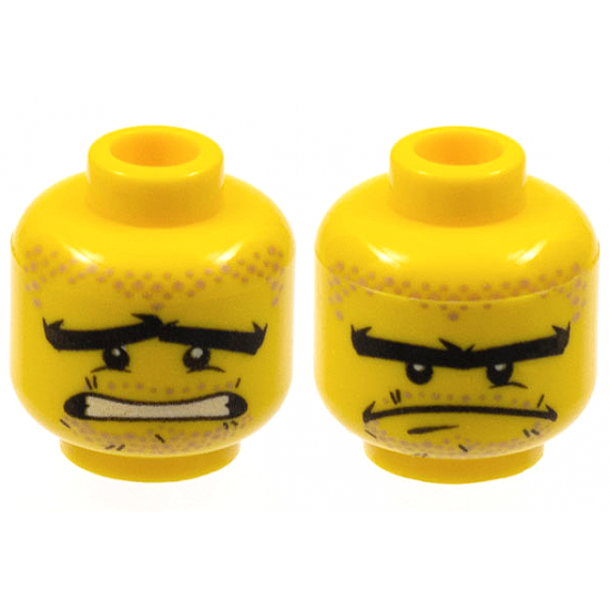 Minifigure, Head Dual Sided Black Thick Unibrow, Lower Eyelids and Scratches, Nougat Hair, Moustache and Goatee Stubble, Scared Wide Open Mouth with Teeth / Stern Pattern