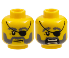 Minifigure, Head Dual Sided Dark Bluish Gray Bushy Eyebrows, Moustache and Beard, Upper Eyelid, Black Eye Patch, Stern with Chin Dimple / Scared Open Mouth with Teeth Parted Pattern