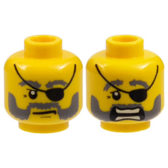 Minifigure, Head Dual Sided Dark Bluish Gray Bushy Eyebrows, Moustache and Beard, Upper Eyelid, Black Eye Patch, Stern with Chin Dimple / Scared Open Mouth with Teeth Parted Pattern