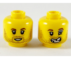 Minifigure, Head Dual Sided Reddish Brown Eyebrows and Stubble, Smile / Injured Left Eye and Broken Teeth Pattern