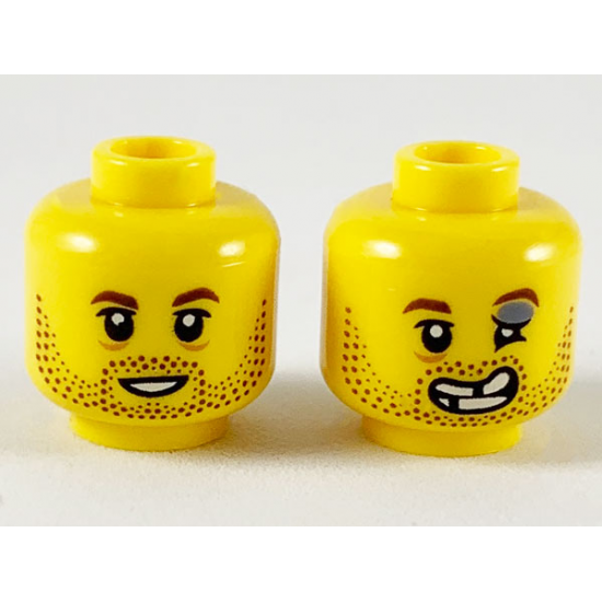 Minifigure, Head Dual Sided Reddish Brown Eyebrows and Stubble, Smile / Injured Left Eye and Broken Teeth Pattern