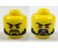 Minifigure, Head Dual Sided Beard Black, Black Eyebrows, Firm / Angry Open Mouth Pattern