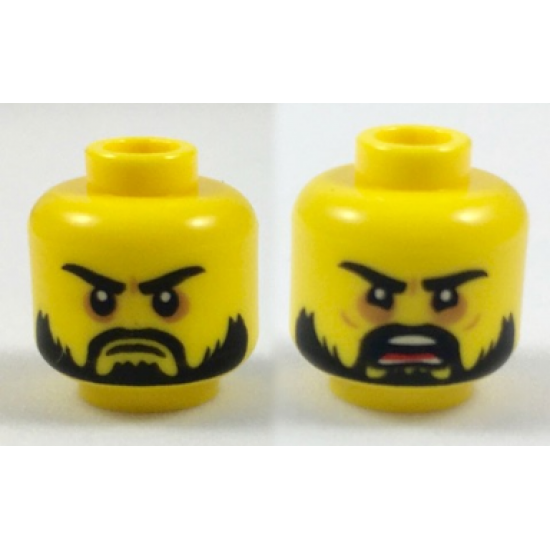 Minifigure, Head Dual Sided Beard Black, Black Eyebrows, Firm / Angry Open Mouth Pattern