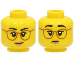 Minifigure, Head Dual Sided Female Black Eyebrows, Dark Orange Glasses, Medium Nougat Lips, Lopsided Grin / Frown Pattern