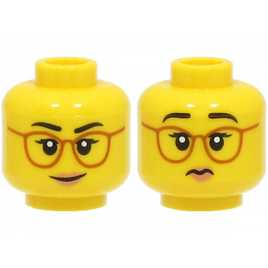 Minifigure, Head Dual Sided Female Black Eyebrows, Dark Orange Glasses, Medium Nougat Lips, Lopsided Grin / Frown Pattern