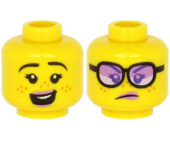 Minifigure, Head Dual Sided Female Lavender Lips, Black Eyebrows, Freckles, Open Mouth with Teeth, Smile / Angry with Glasses Pattern