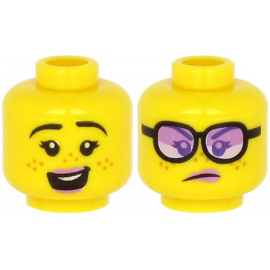 Minifigure, Head Dual Sided Female Lavender Lips, Black Eyebrows, Freckles, Open Mouth with Teeth, Smile / Angry with Glasses Pattern