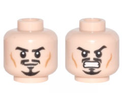 Minifigure, Head Dual Sided Black Eyebrows, Trimmed Moustache and Goatee, Medium Nougat Cheek Lines, Determined Grin / Angry Bared Teeth Pattern
