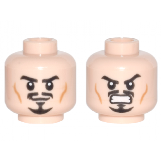 Minifigure, Head Dual Sided Black Eyebrows, Trimmed Moustache and Goatee, Medium Nougat Cheek Lines, Determined Grin / Angry Bared Teeth Pattern