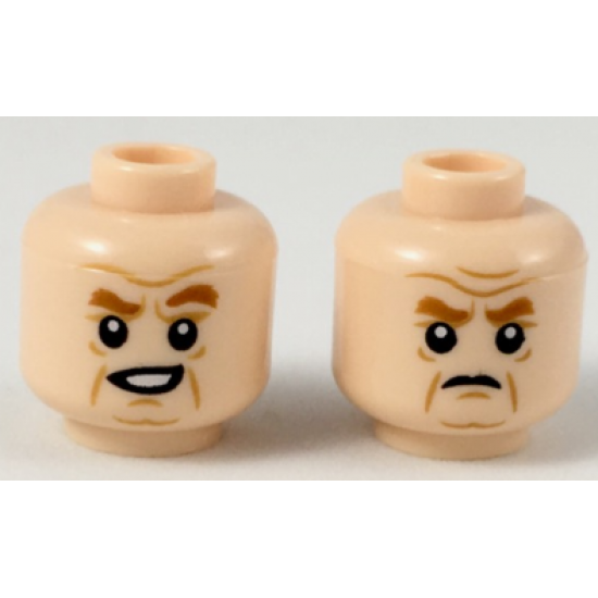 Minifigure, Head Dual Sided Dark Orange Eyebrows, Wrinkles, Lopsided Smirk / Scowl Pattern
