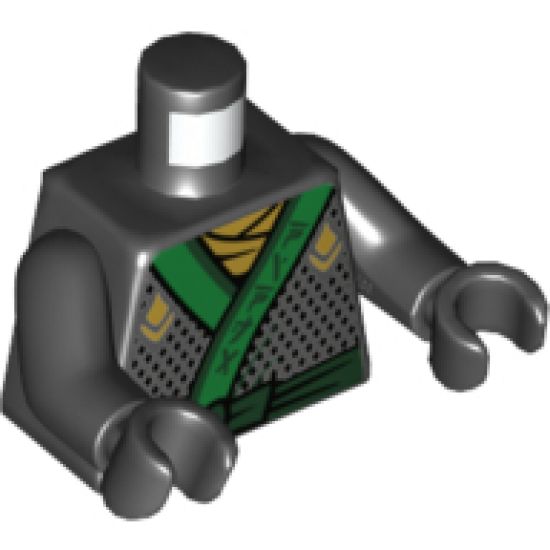 Torso Ninjago Robe with Gold Scarf and Diamonds, Green Sash and Emblem Pattern / Black Arms / Black Hands
