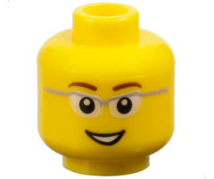 Minifigure, Head Reddish Brown Eyebrows, Glasses with Light Bluish Gray Frame and White Lenses, Open Mouth Smile with Teeth Pattern