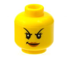 Minifigure, Head Female Black Arched Thin Eyebrows, Eyelashes, Dark Orange Lips, Evil Smirk Pattern