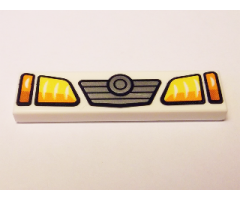 Tile 1 x 4 with Yellow and Orange Headlights and Grille with Concentric Circles Badge Pattern