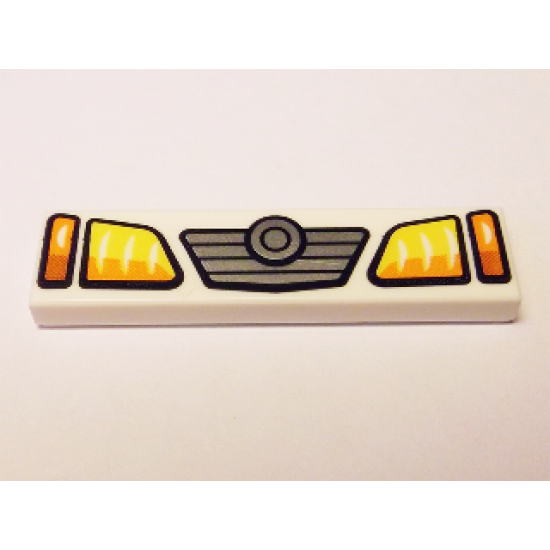 Tile 1 x 4 with Yellow and Orange Headlights and Grille with Concentric Circles Badge Pattern