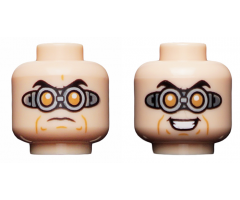 Minifigure, Head Dual Sided Black Eyebrows, Silver Goggles with Orange Circular Lenses, Evil Grin / Worried Expression Pattern