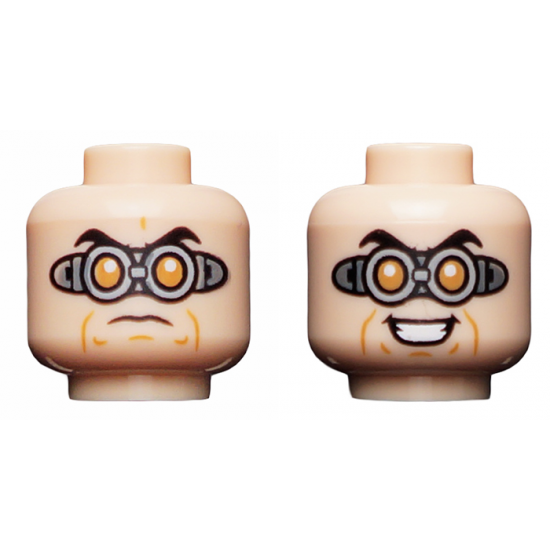 Minifigure, Head Dual Sided Black Eyebrows, Silver Goggles with Orange Circular Lenses, Evil Grin / Worried Expression Pattern