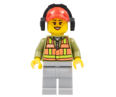 Light Orange Safety Vest, Light Bluish Gray Legs, Red Cap with Hole, Headphones, Peach Lips