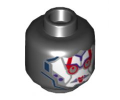 Minifigure, Head Dual Sided Alien Female with White Face, Green Eyes and Purple Marks on Cheek / Red and Silver Armor Pattern - Hollow Stud