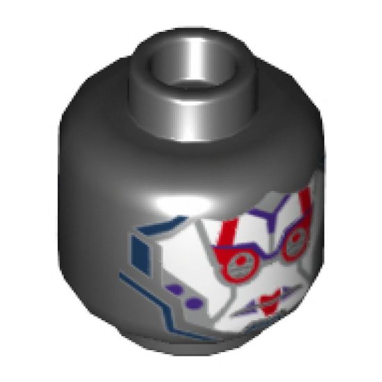 Minifigure, Head Dual Sided Alien Female with White Face, Green Eyes and Purple Marks on Cheek / Red and Silver Armor Pattern - Hollow Stud
