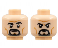 Minifigure, Head Dual Sided Black Eyebrows and Goatee, Medium Nougat Cheek Lines and Chin Dimple, Furrowed Brow, Grin / Frown Pattern
