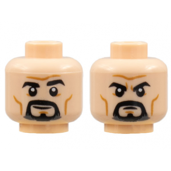 Minifigure, Head Dual Sided Black Eyebrows and Goatee, Medium Nougat Cheek Lines and Chin Dimple, Furrowed Brow, Grin / Frown Pattern