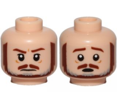 Minifigure, Head Dual Sided Brown and Gray Beard, Brown Eyebrows, Moustache, White Pupils, Frown / Scared Pattern (SW Qui-Gon)