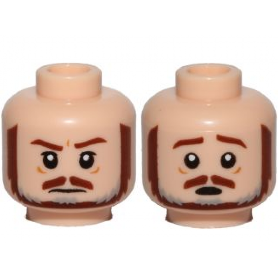 Minifigure, Head Dual Sided Brown and Gray Beard, Brown Eyebrows, Moustache, White Pupils, Frown / Scared Pattern (SW Qui-Gon)